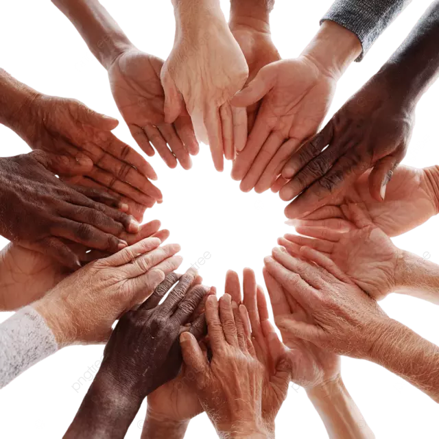 diverse hands forming circle symbolizing teamwork and unity